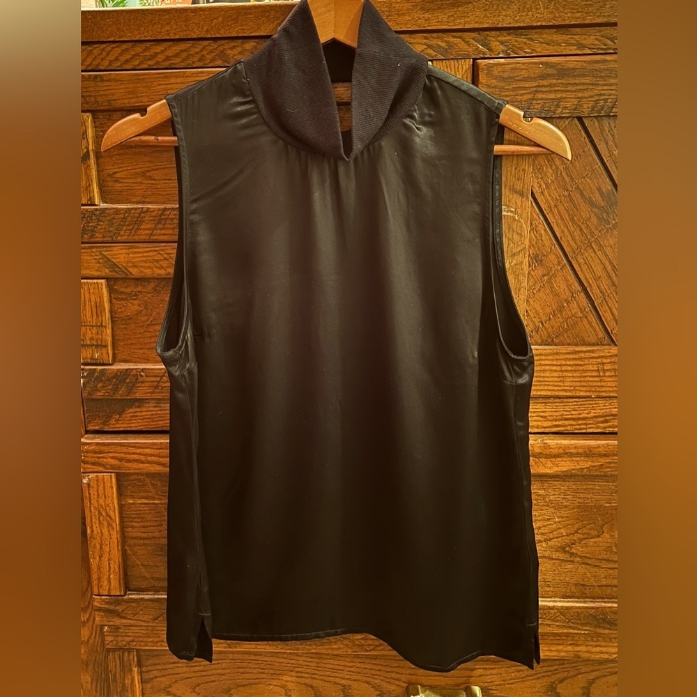 Nation LTD Danielle Ribbed Mock Neck Black Satin Sleeveless Top S Back Keyhole